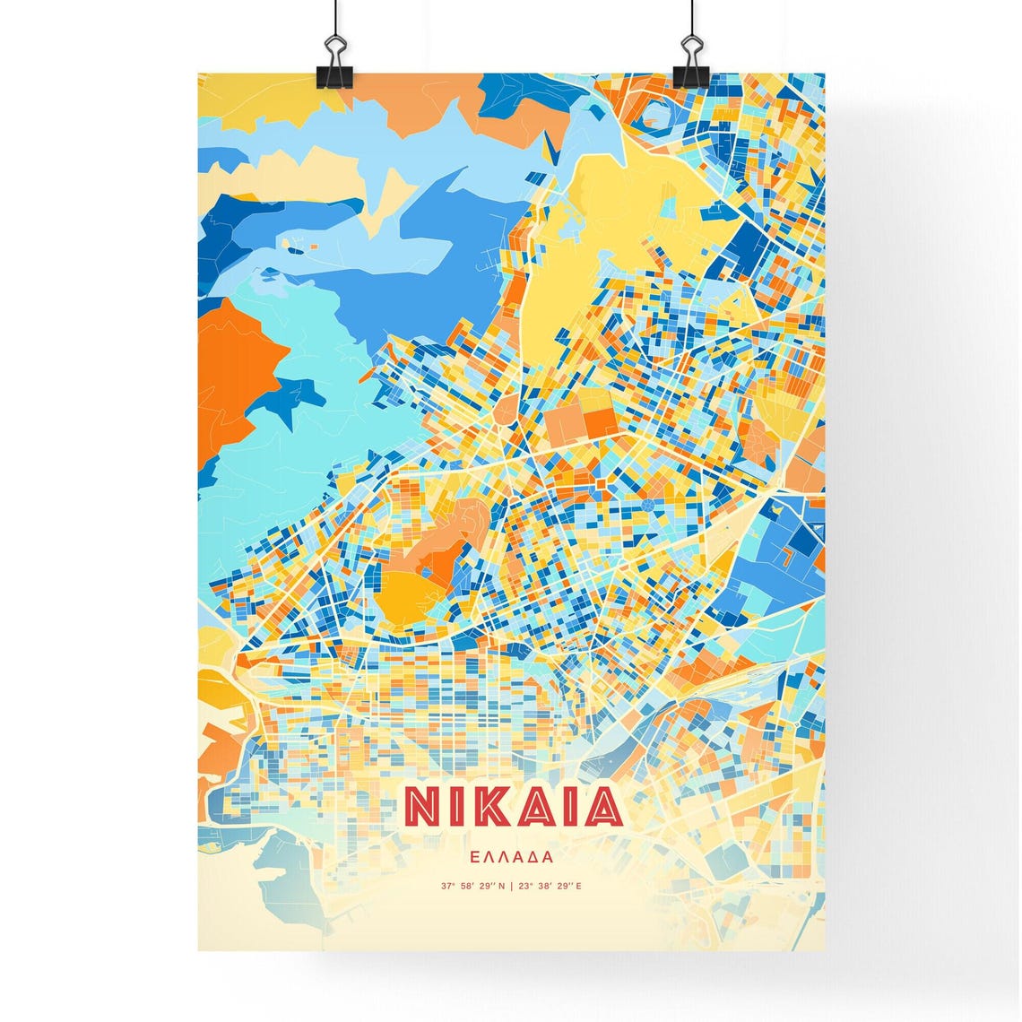 Nikaia Greece Colorful Athens Area Map Coordinates Art Poster - Image 3