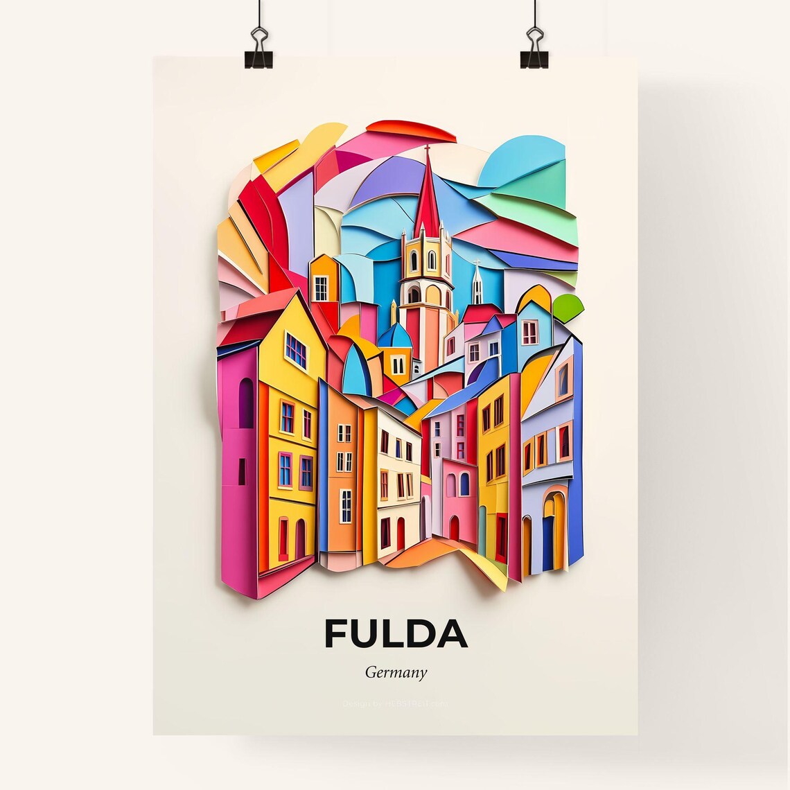 Fulda Germany Colorful Paper Cut Old Town and Church Spire Poster - Image 4