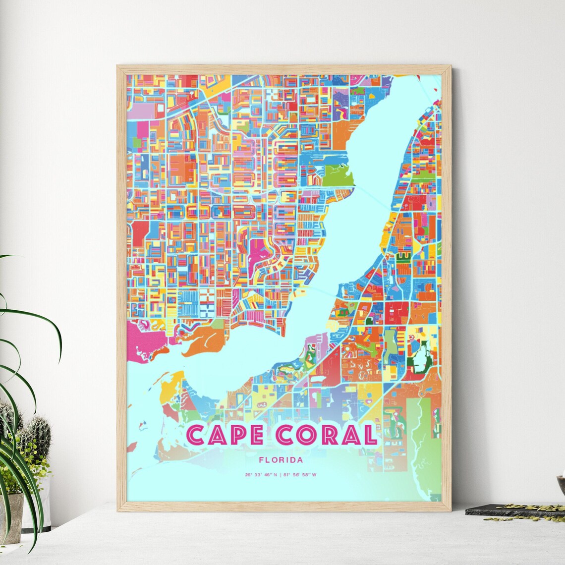 Cape Coral Florida Crazy Colorful Art Map Customizable Poster Print Unique Wall Decor Personalized Gift