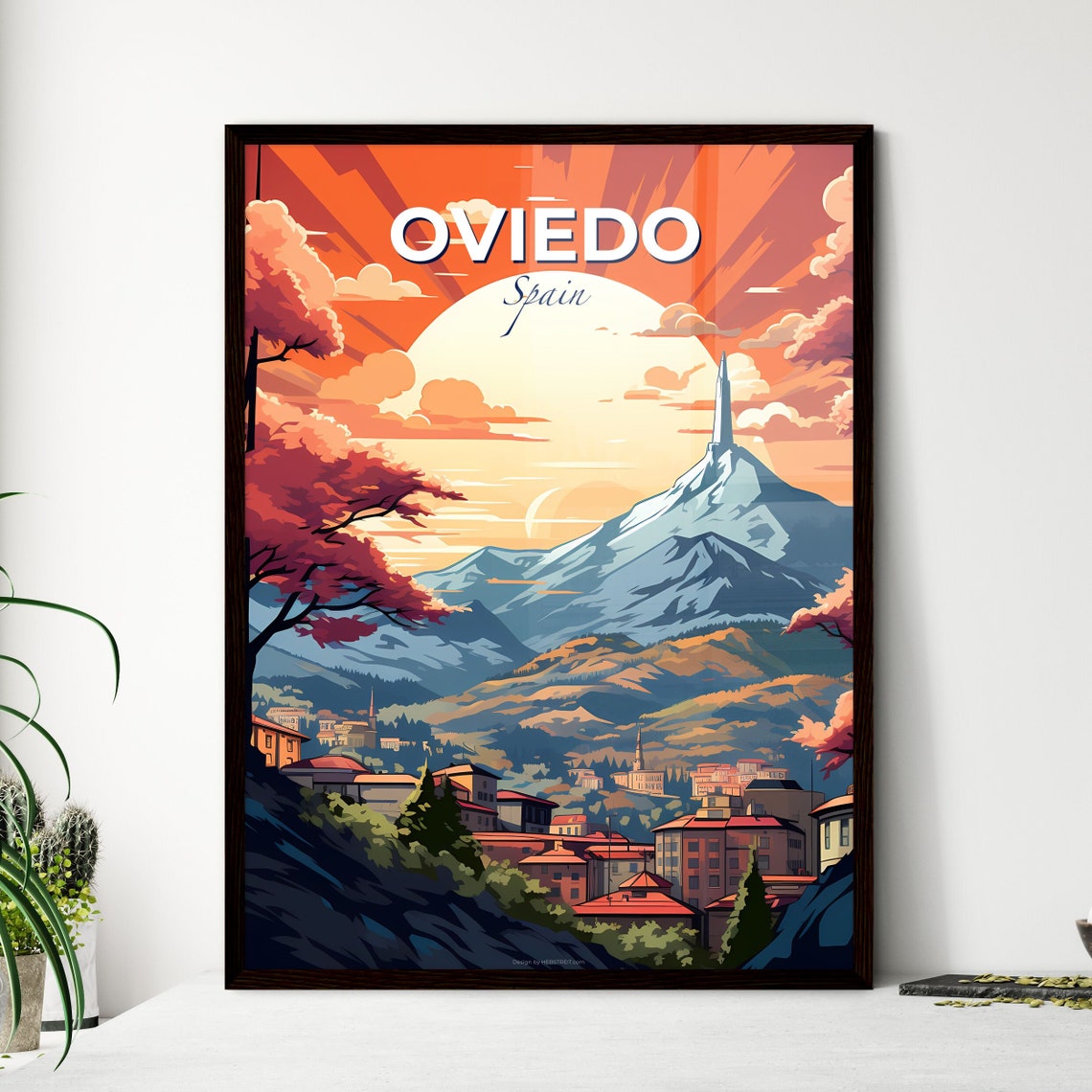 Oviedo Spain Fiery Sunset Mountain City Red Rooftop Travel Poster