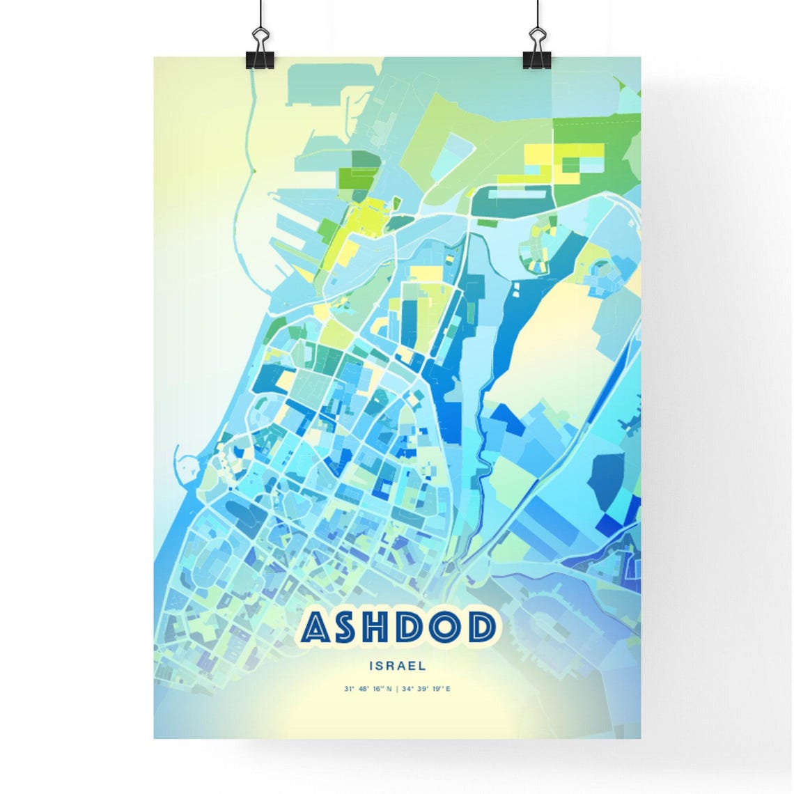 Ashdod Israel Pastel Blue City Map Art with Coordinates Poster - Image 3