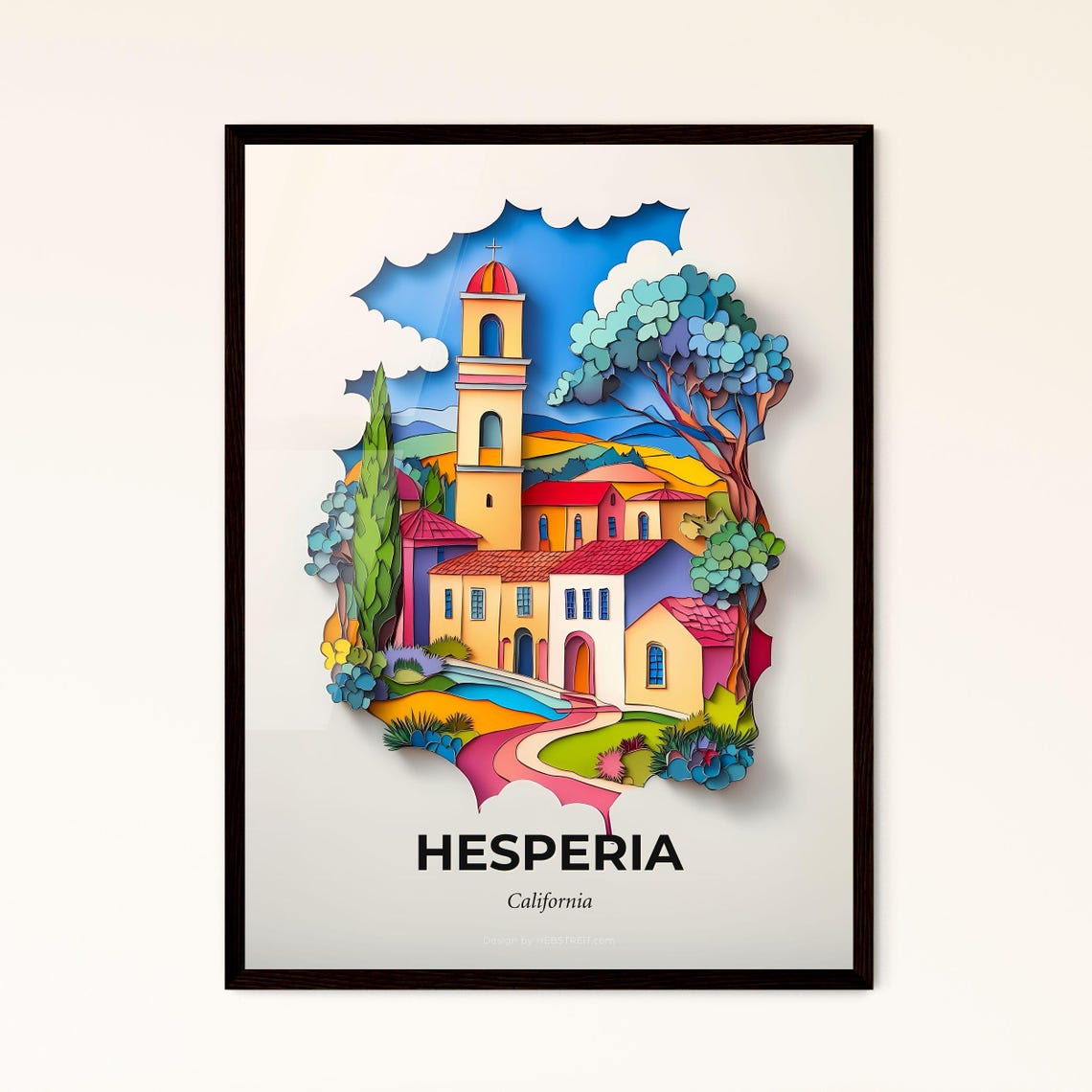 Hesperia California Colorful Paper Cut Church Tower Trees Poster