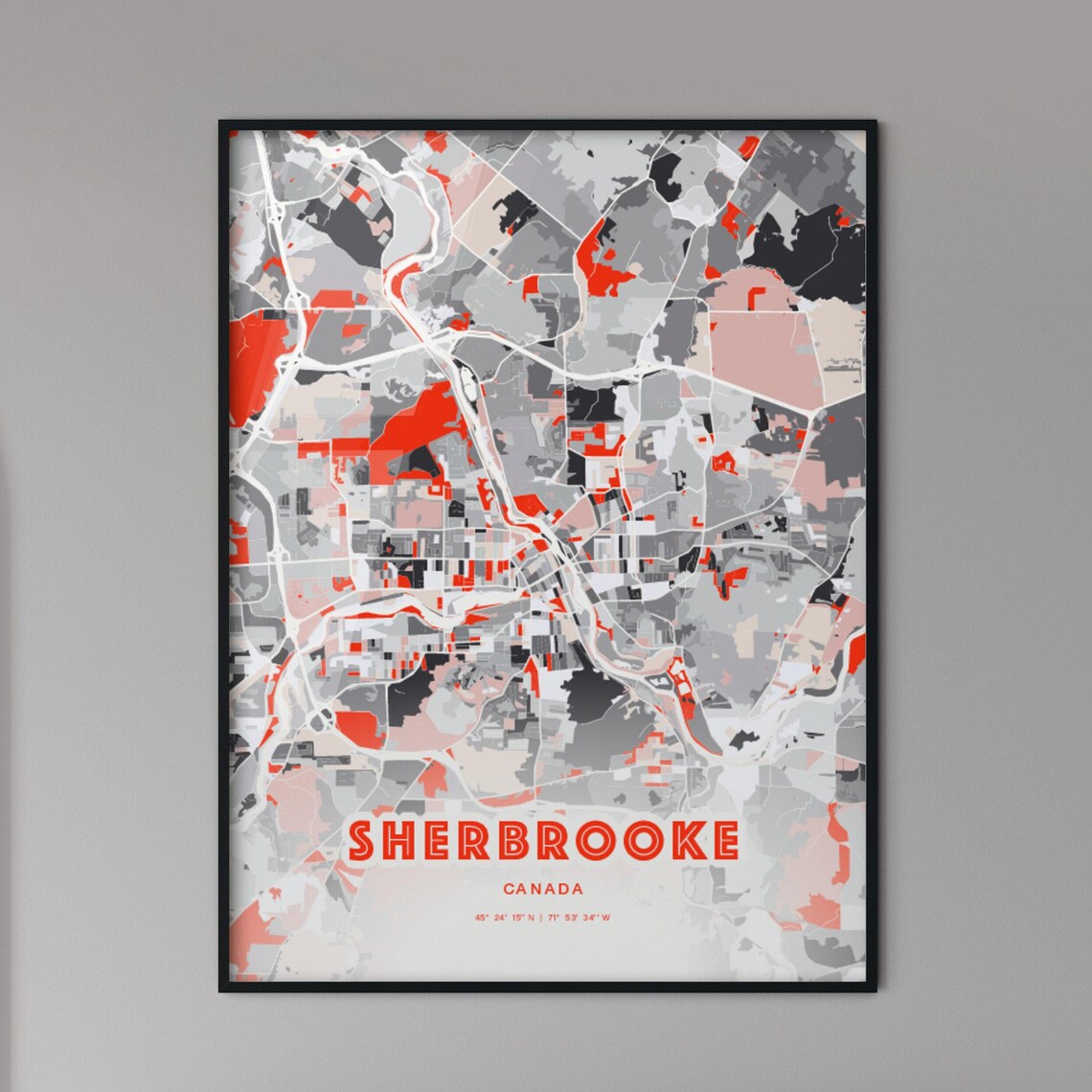 Sherbrooke Canada Modern Red Expressive City Map Poster with Coordinates