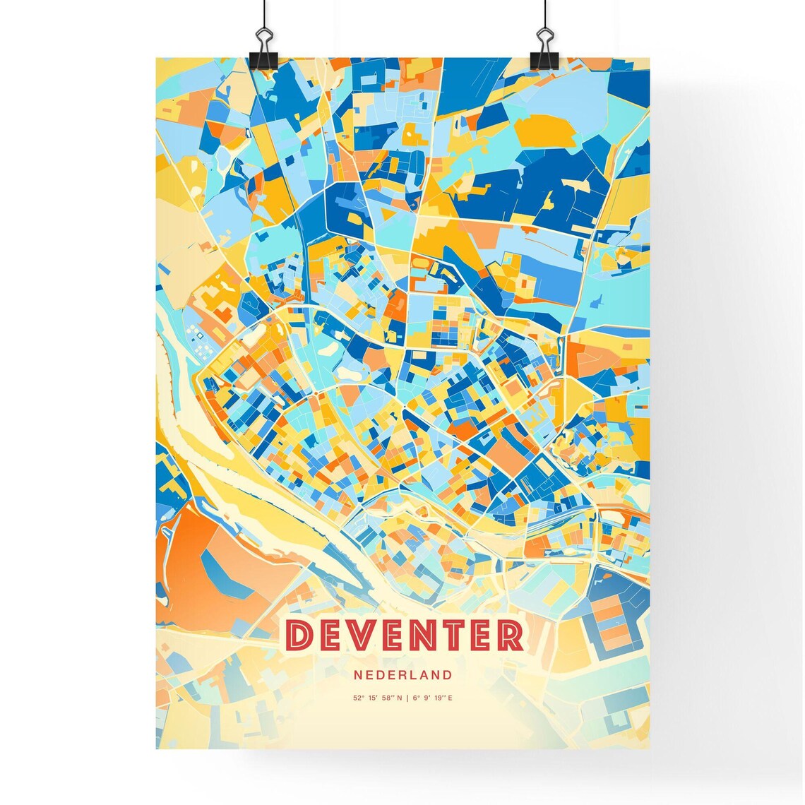 Deventer Netherlands Blue Orange Colorful City Map Art Poster With Coordinates - Image 3