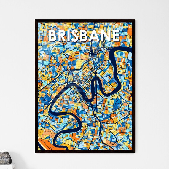 Brisbane Australia Bold City Map Art Poster in Navy Orange and Yellow