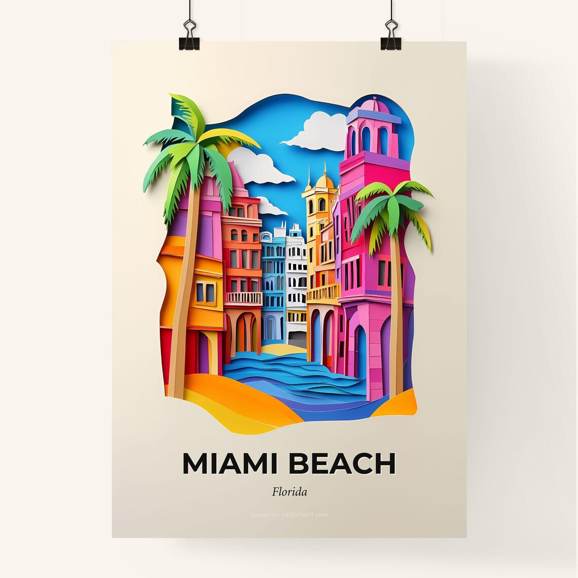 Miami Beach Florida Art Deco Street Scene Paper Cut Travel Poster - Image 4