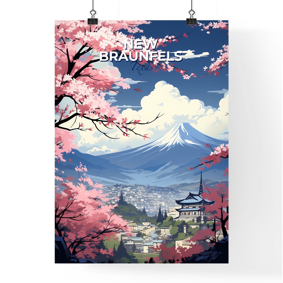 New Braunfels Texas Mountain Temple Cherry Blossom Travel Poster - Image 4
