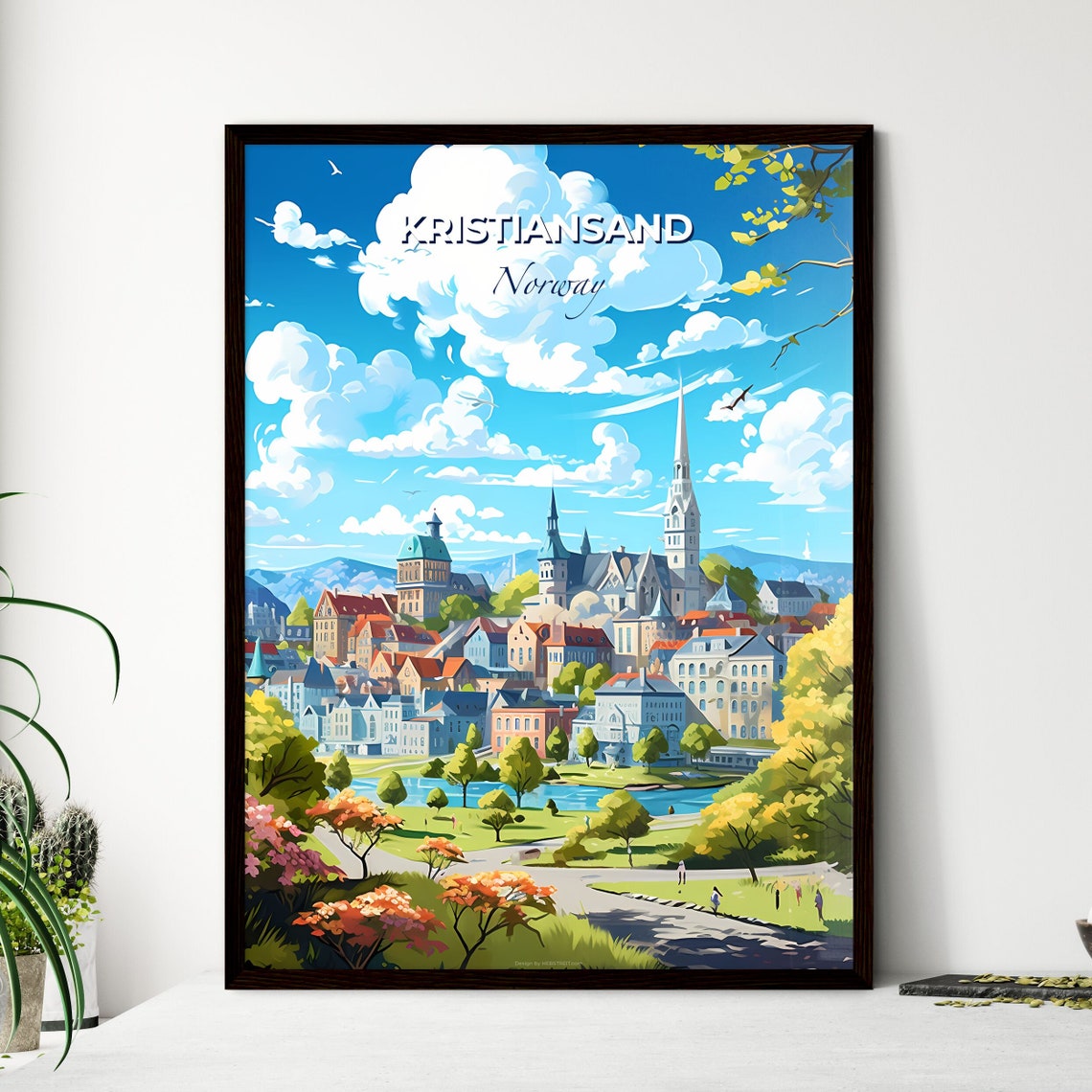 Kristiansand Norway Riverfront Old Town Skyline Travel Poster