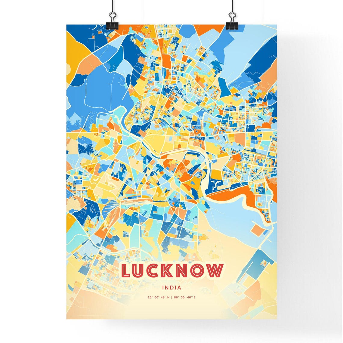 Lucknow India Bold Blue Orange Abstract City Street Map Art Poster - Image 3