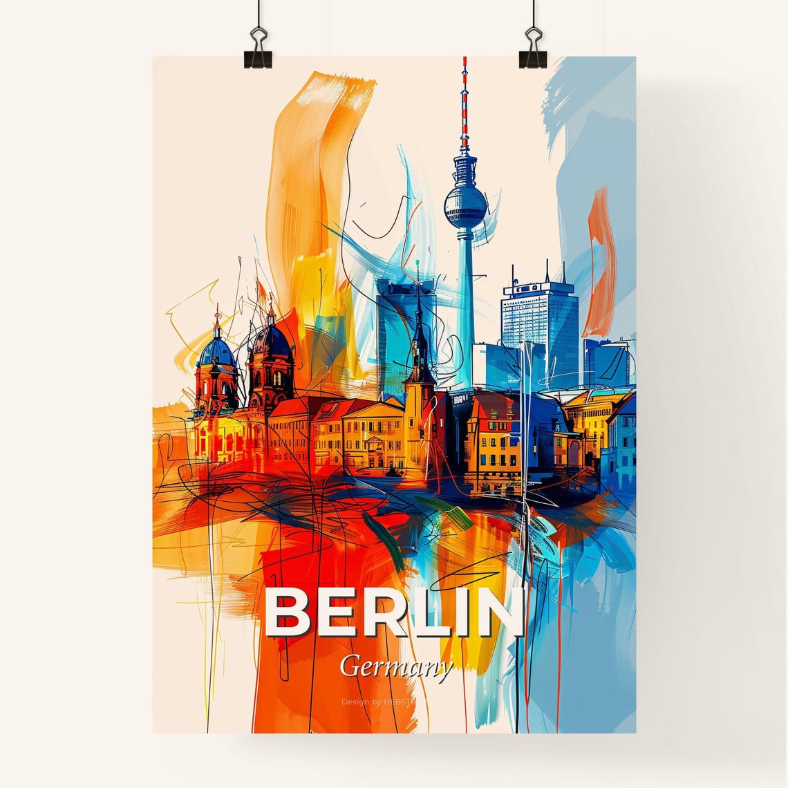 Berlin Germany Vibrant Watercolor TV Tower Skyline Art Poster - Image 4