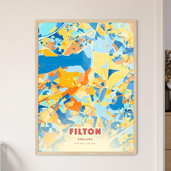 Filton England Colorful Blue Orange Map Art Poster Wall Decor