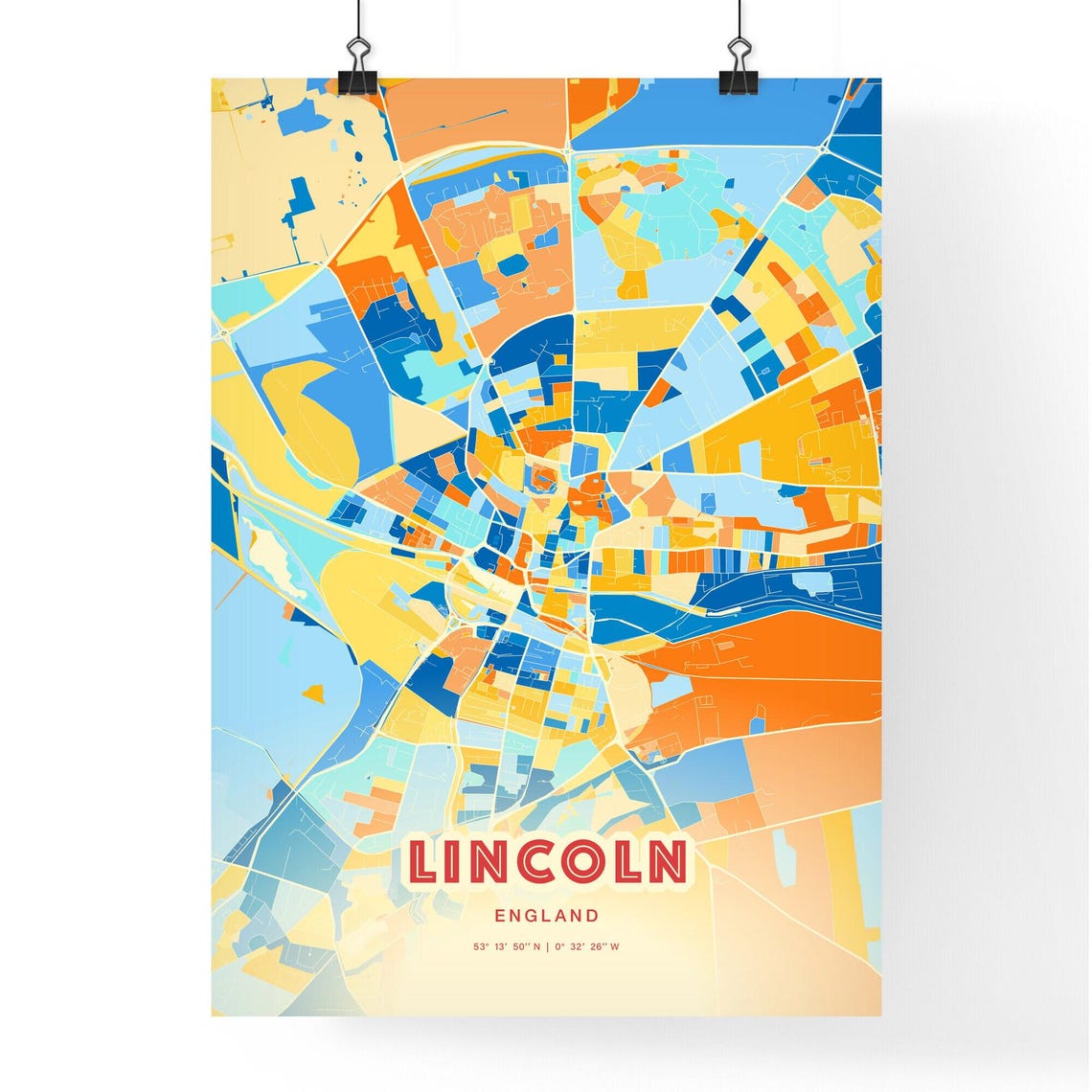 Lincoln England Colorful Blue Orange City Map Artwork Poster - Image 3