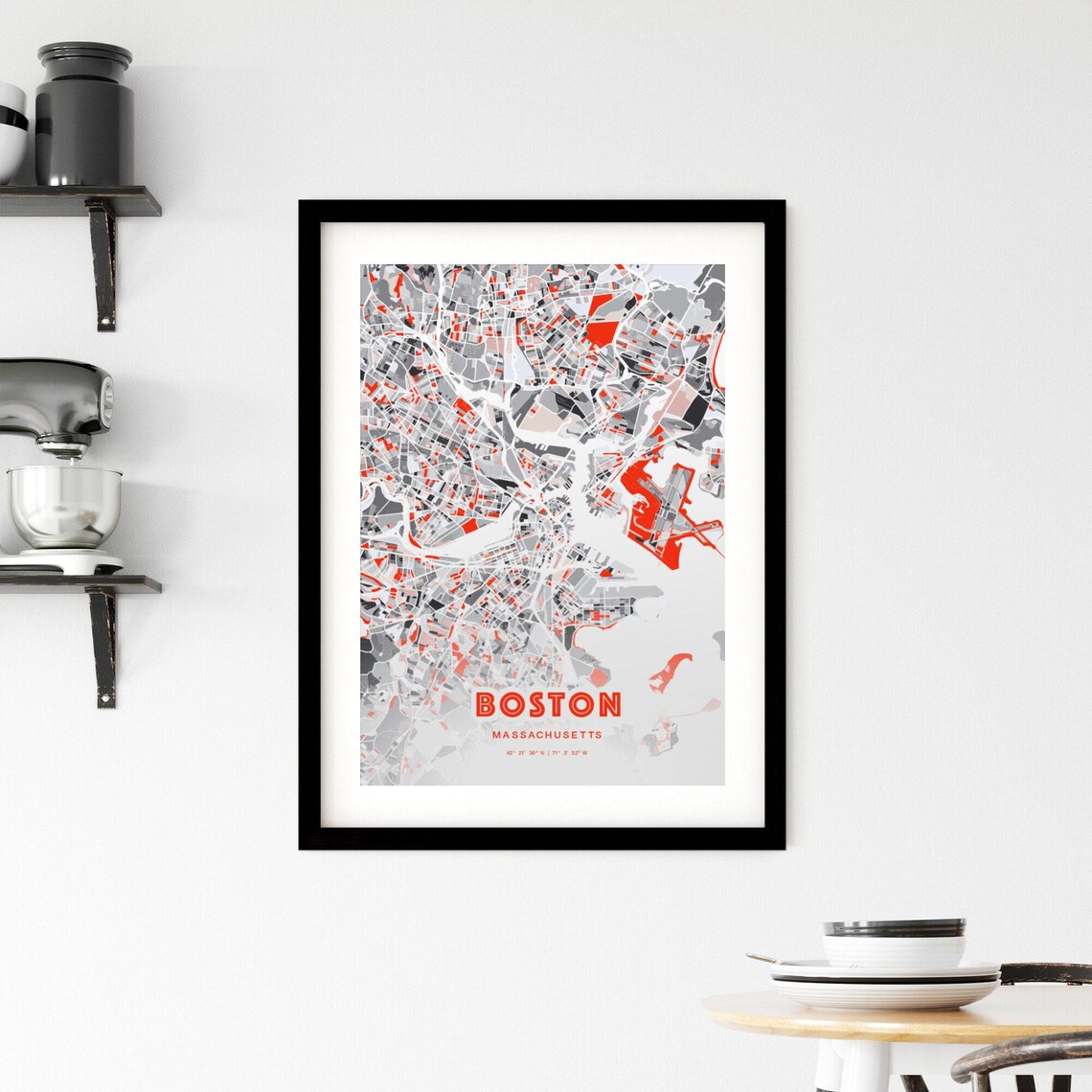 Boston Massachusetts Modern Red Gray Expressive City Map Poster Customizable - Image 2