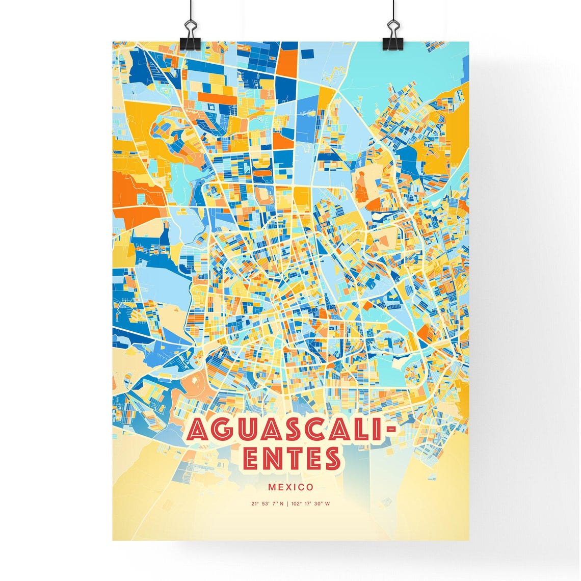 Aguascalientes Mexico Colorful Blue Orange City Map Art Poster - Image 3