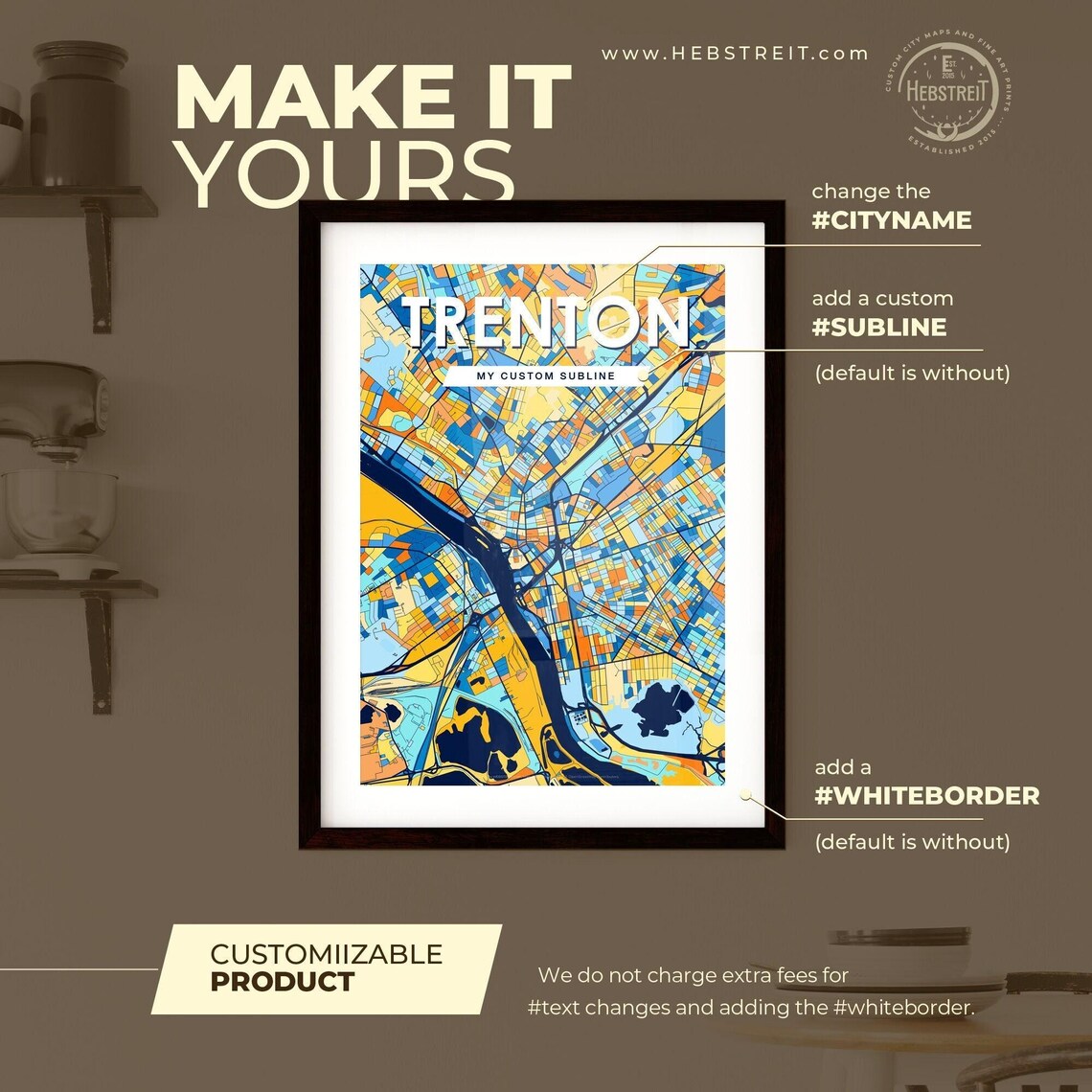 Trenton New Jersey City Map Poster Colorful Modern Home Wall Decor - Image 2