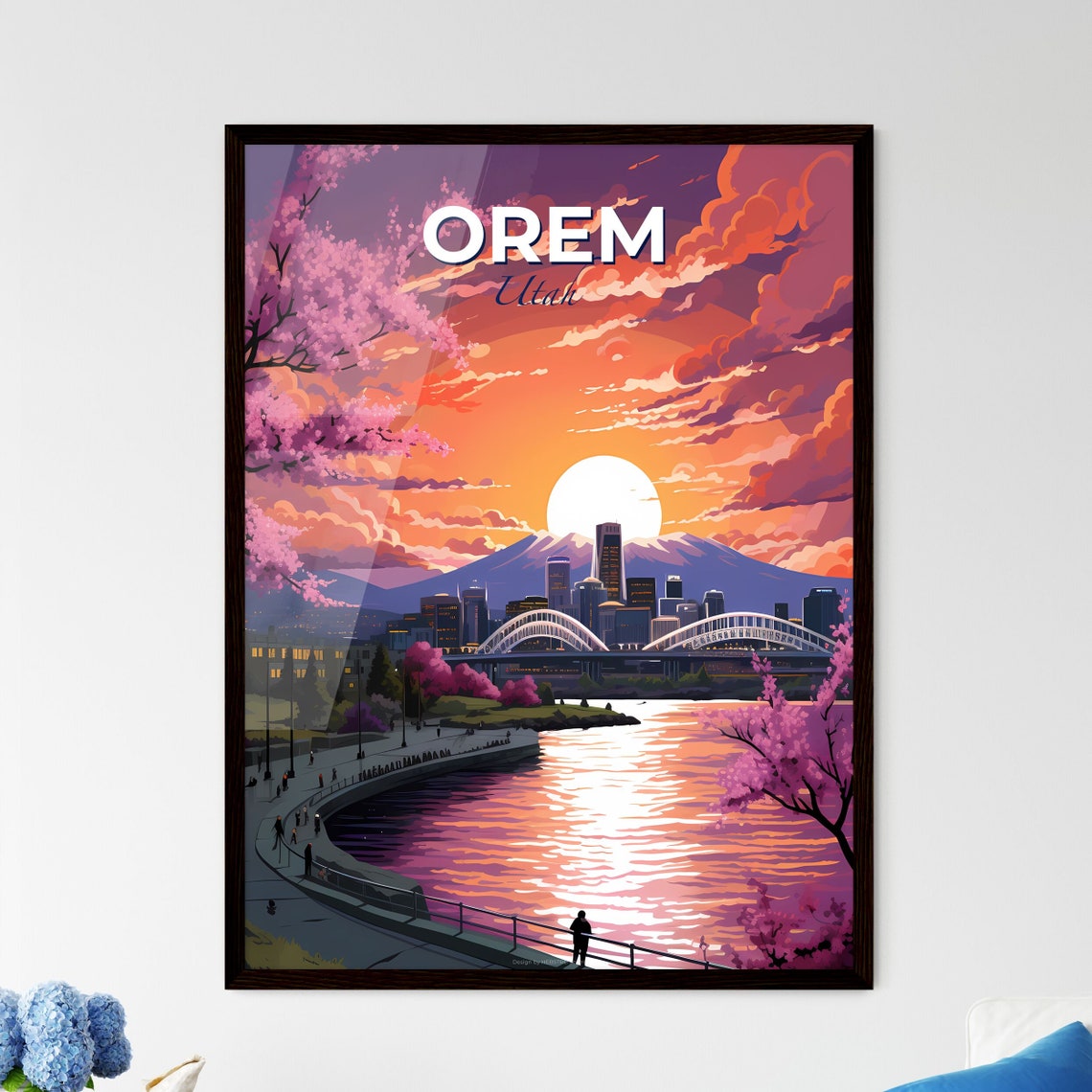 Orem Utah Sunset City Skyline Bridge With Cherry Blossom Poster