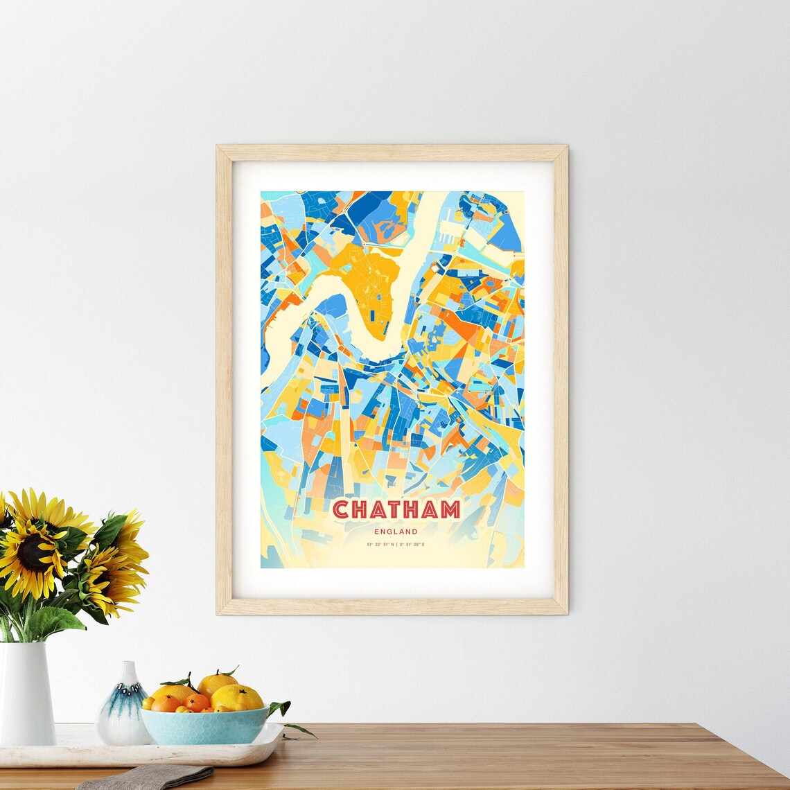 Chatham England Colorful Blue and Orange Retro City Street Map Wall Art - Image 2