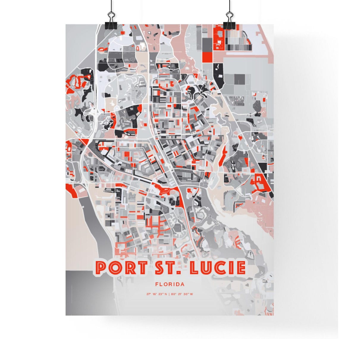 Port St Lucie Florida City Map Art Modern Red Gray Decor Poster - Image 3