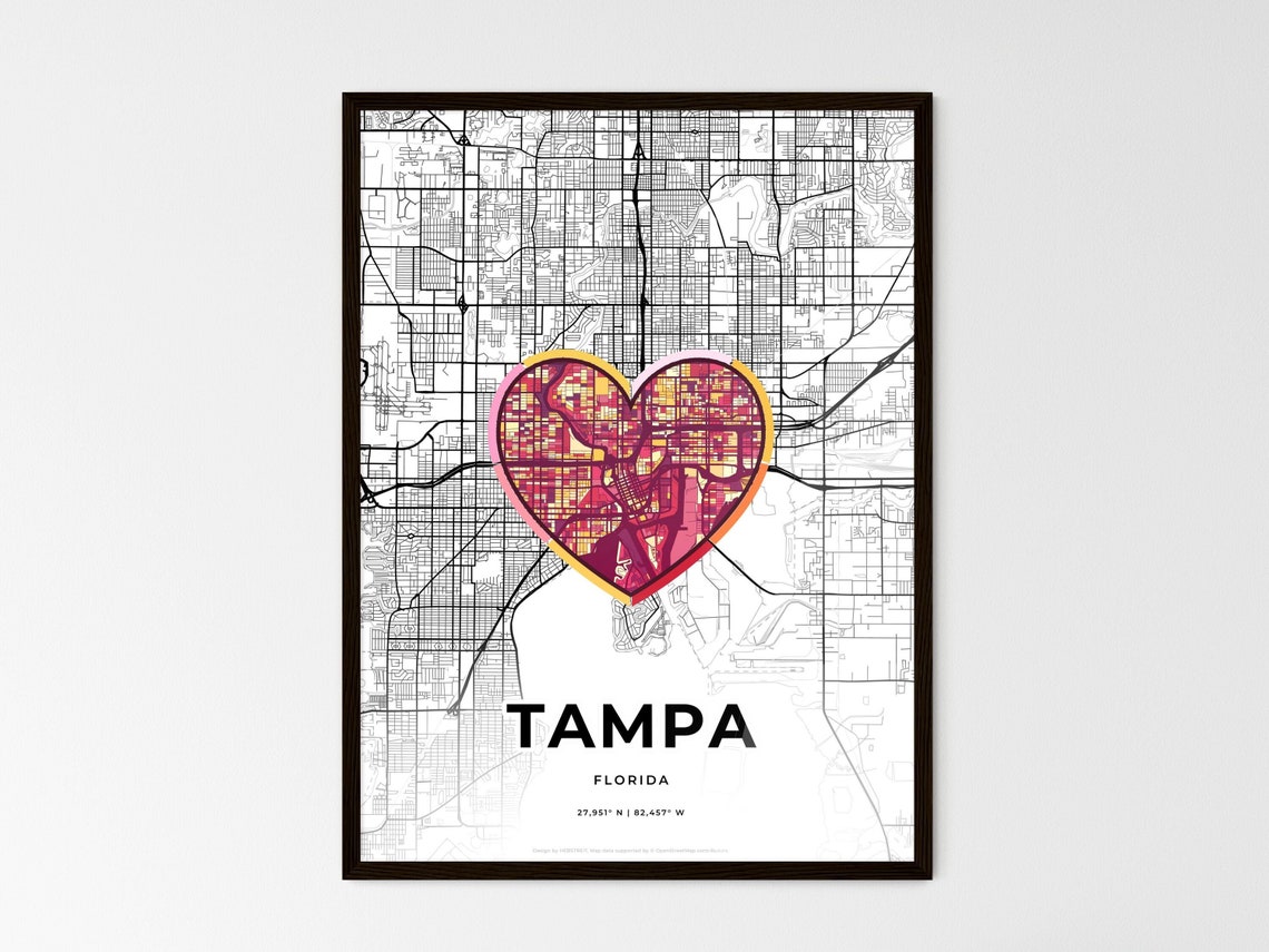 Tampa Florida Minimal City Map Colorful Heart Icon Art Poster