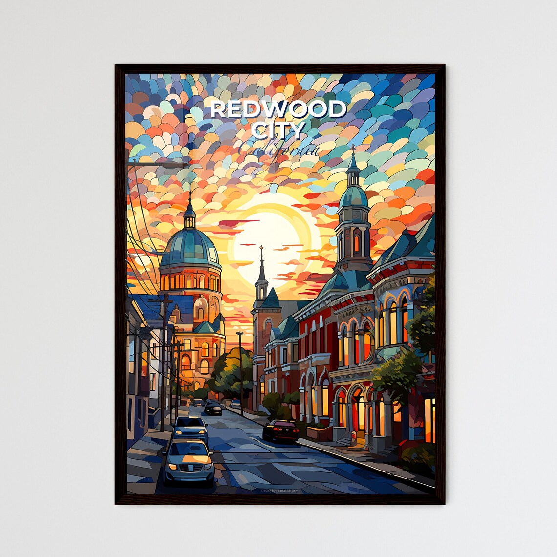Redwood City California Downtown Sunset Mosaic Sky Travel Poster