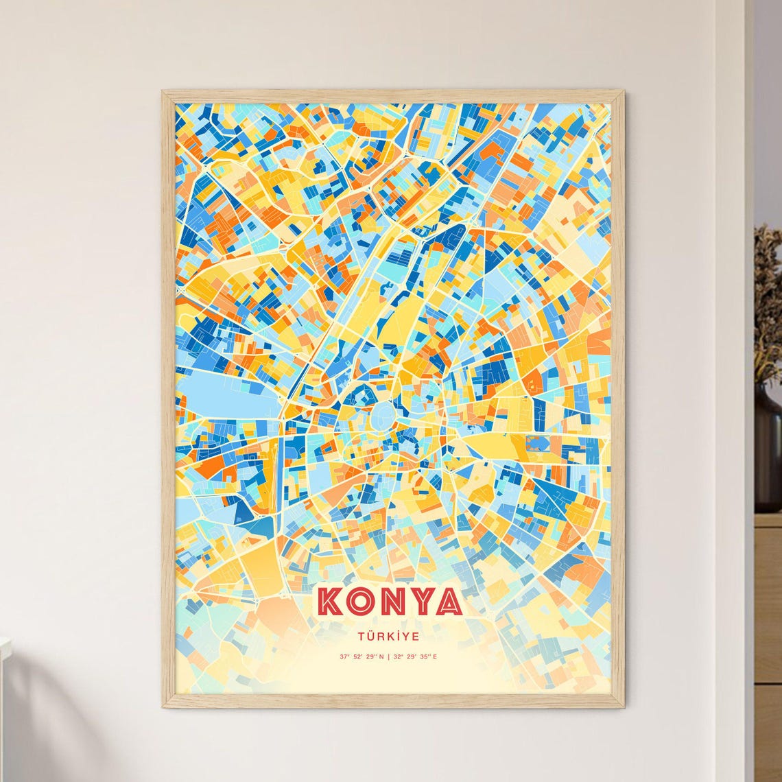 Konya Turkiye Blue and Orange Decorative City Map Art Poster