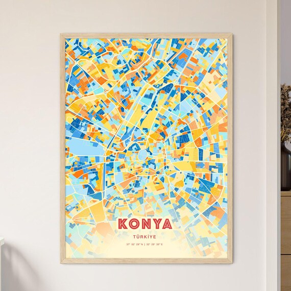 Konya Turkiye Blue and Orange Decorative City Map Art Poster