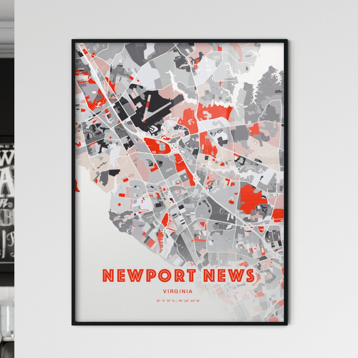 Newport News Virginia Modern Red Expressive City Map Art Poster