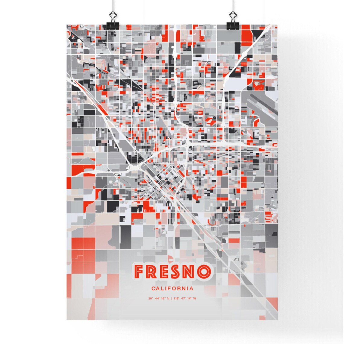 Fresno California Modern Red Gray Expressive City Map Poster Customizable - Image 3