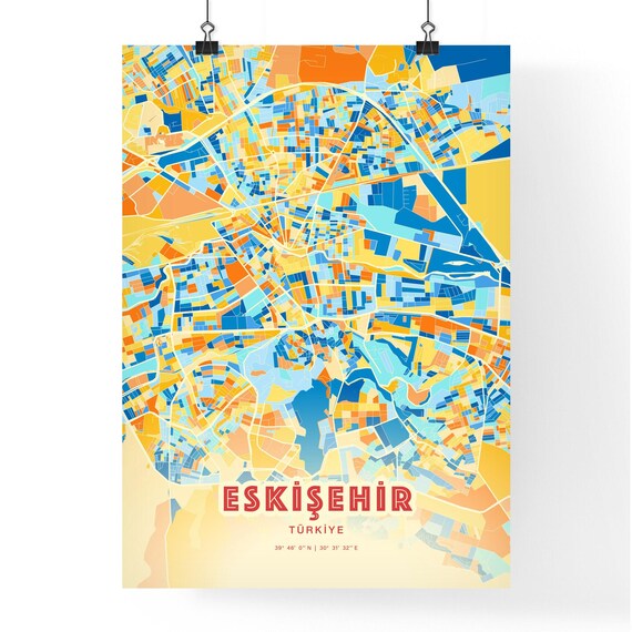 Colorful Blue and Orange Eskisehir Turkey Street Map Art City Poster