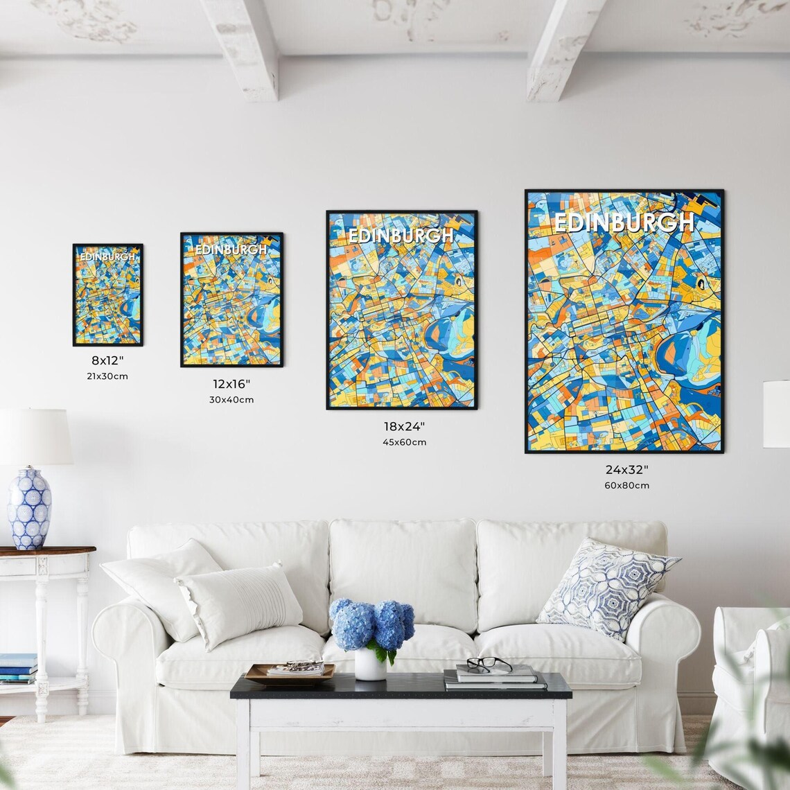 Edinburgh Scotland Vibrant Colorful Blue Orange Art City Map Poster - Image 3