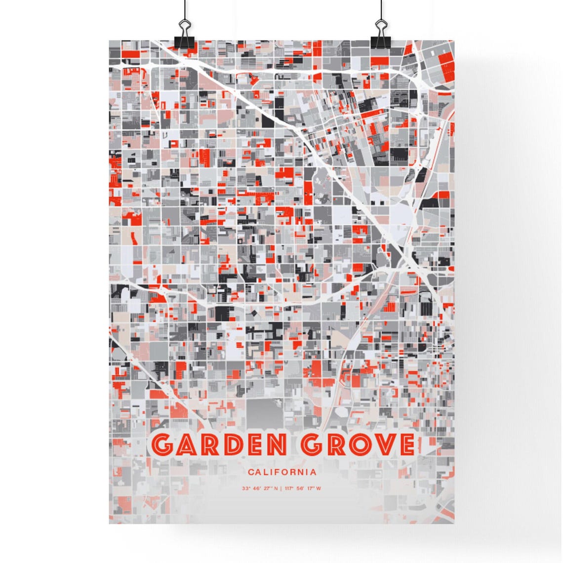 Garden Grove California City Map Art Modern Red Gray Decor Poster - Image 3