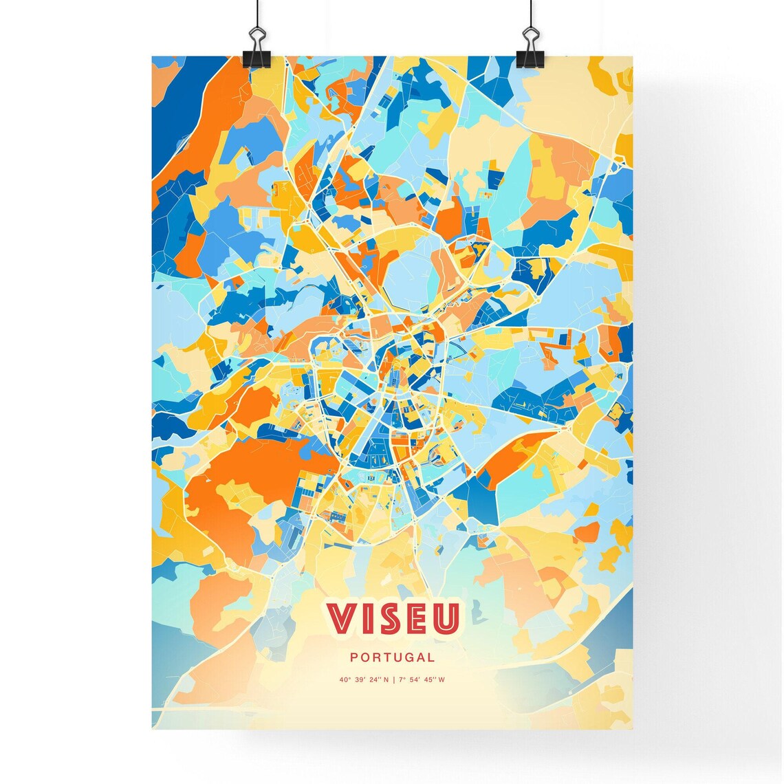 Viseu Portugal Blue Orange Vibrant Abstract City Map Art Poster - Image 3