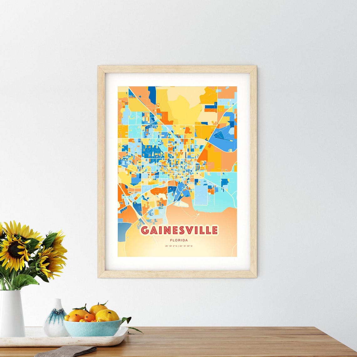 Gainesville Florida Vibrant Blue and Orange City Map Art Poster - Image 2