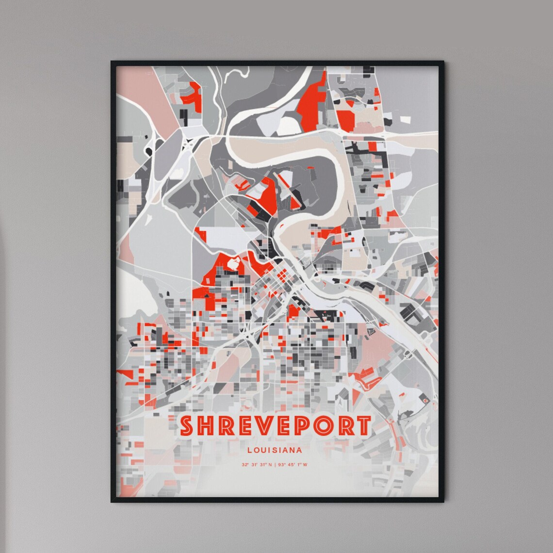 Shreveport Louisiana Modern Red Expressive City Map Art Poster