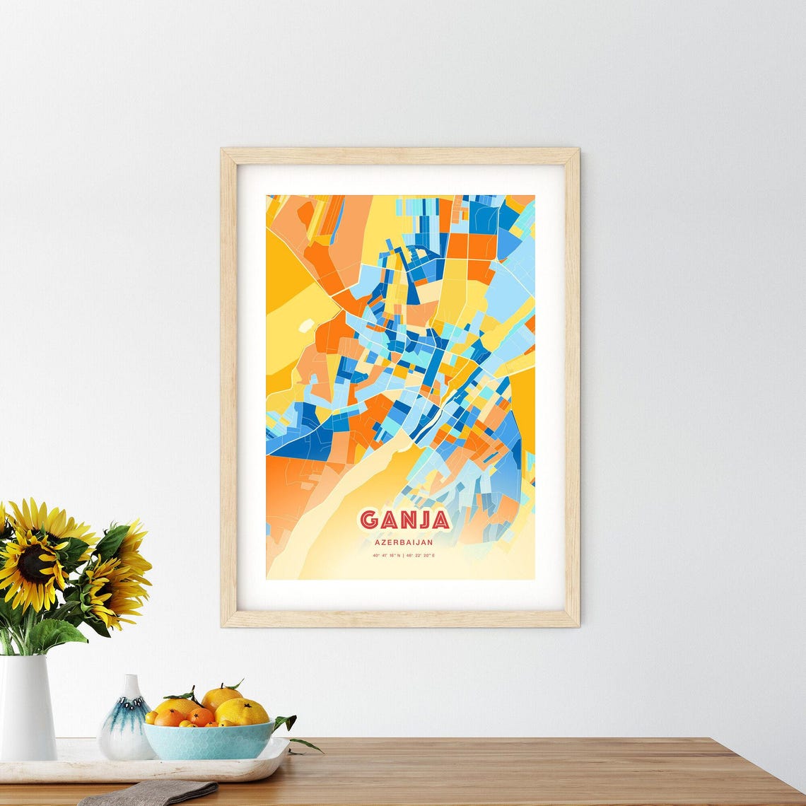 Ganja Azerbaijan Colorful Blue Orange City Map Retro Art Print - Image 2
