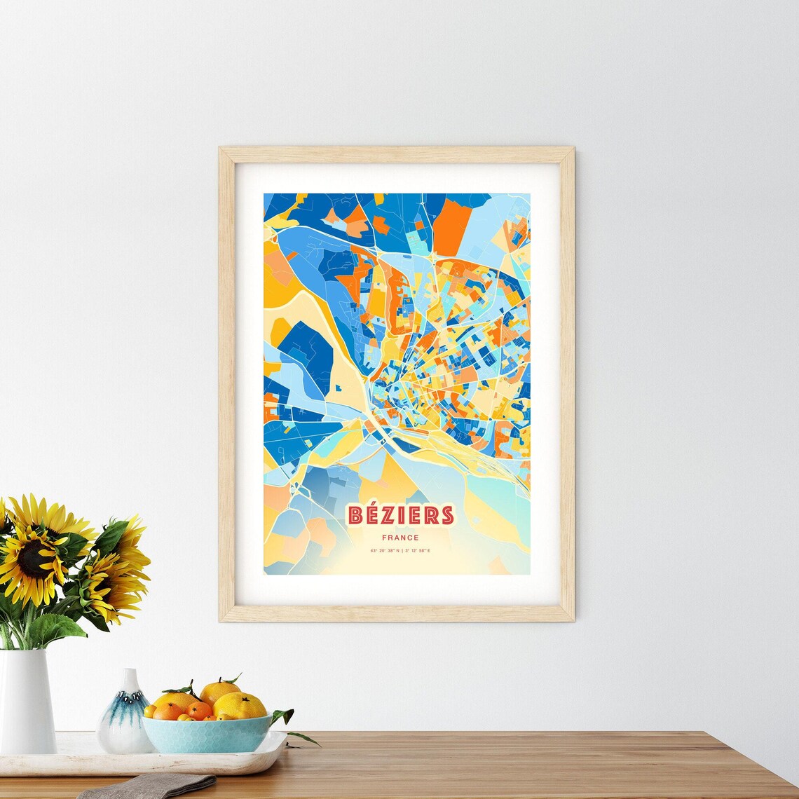 Beziers France Colorful Blue and Orange City Street Map Art Poster - Image 2