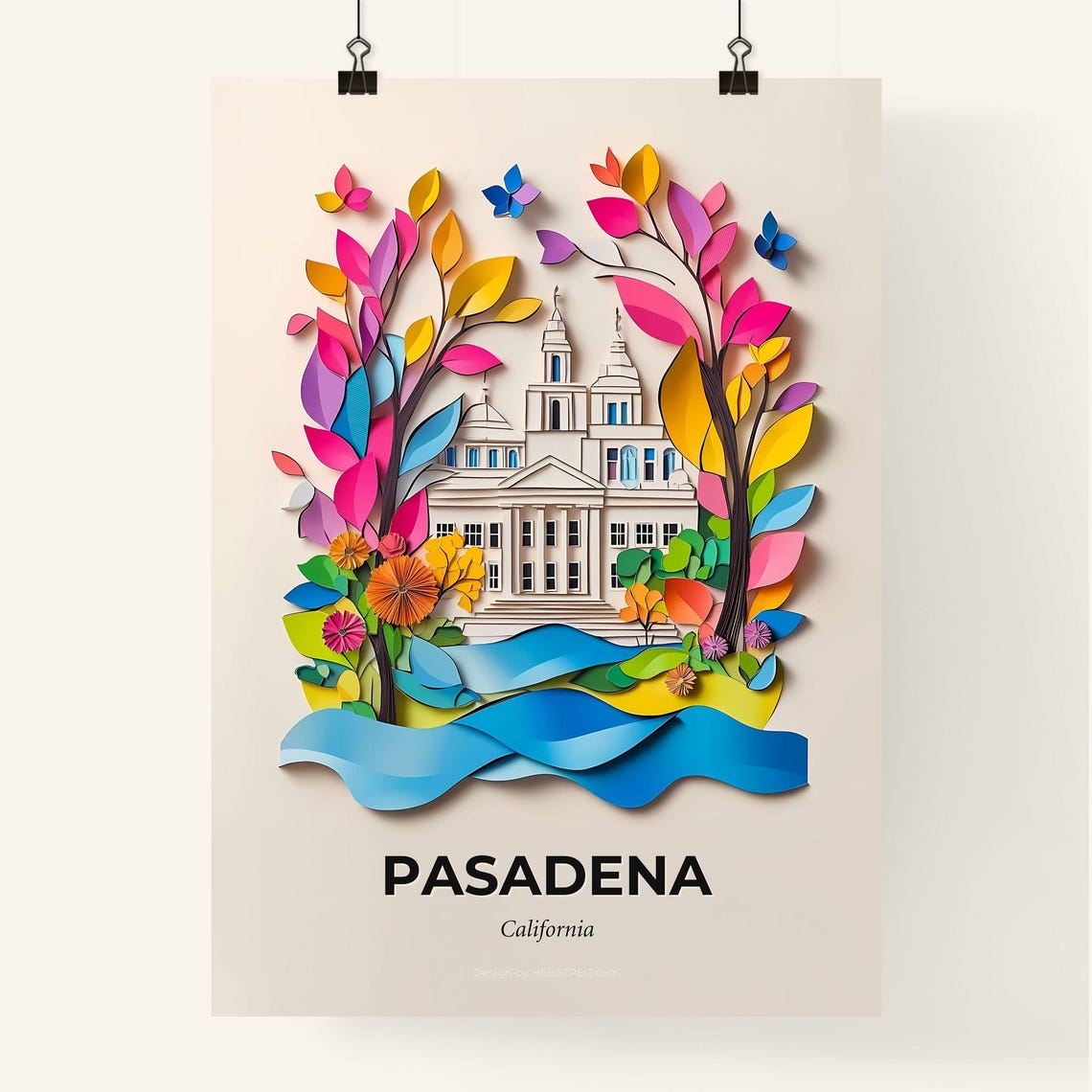 Pasadena California City Hall Colorful Vivid Paper Cut Art Poster - Image 4