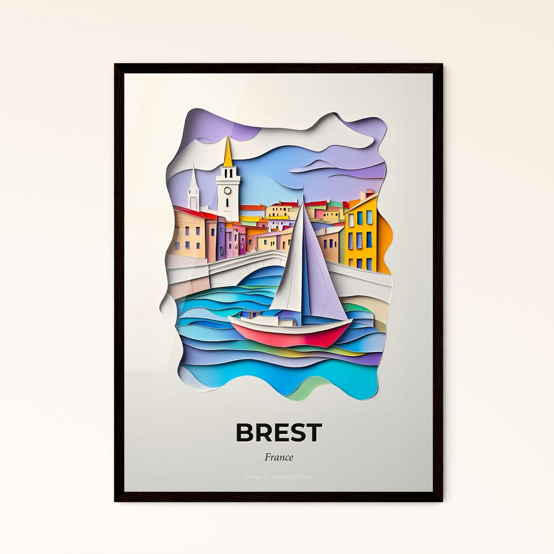 Brest France Colorful Harbor 3D Paper Cut Sailboat Town Art Poster