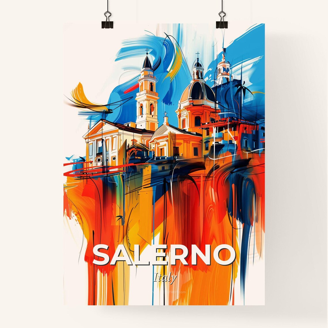 Salerno Italy Colorful City Painting Abstract Cathedral Art Poster - Image 4
