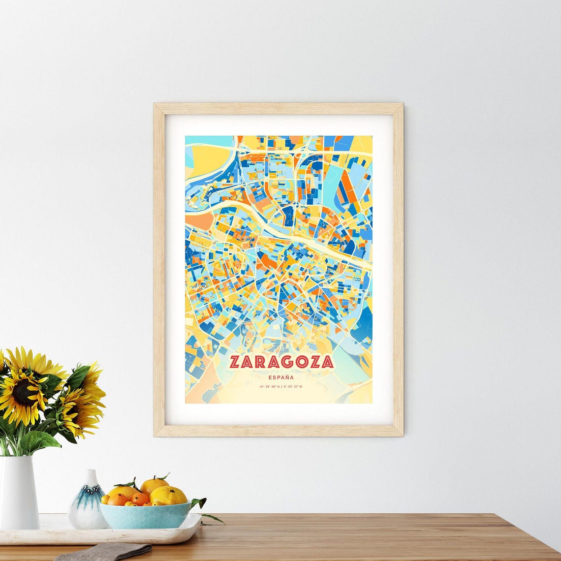 Zaragoza Spain Bold City Map Art Poster in Orange Blue and Cream - Image 2