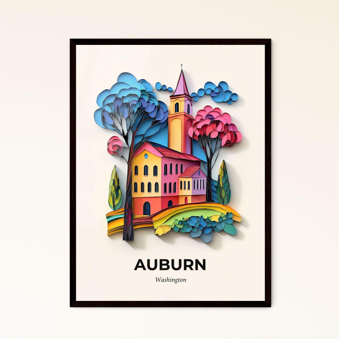 Auburn Washington Colorful 3D Paper Cut Church Trees Art Poster