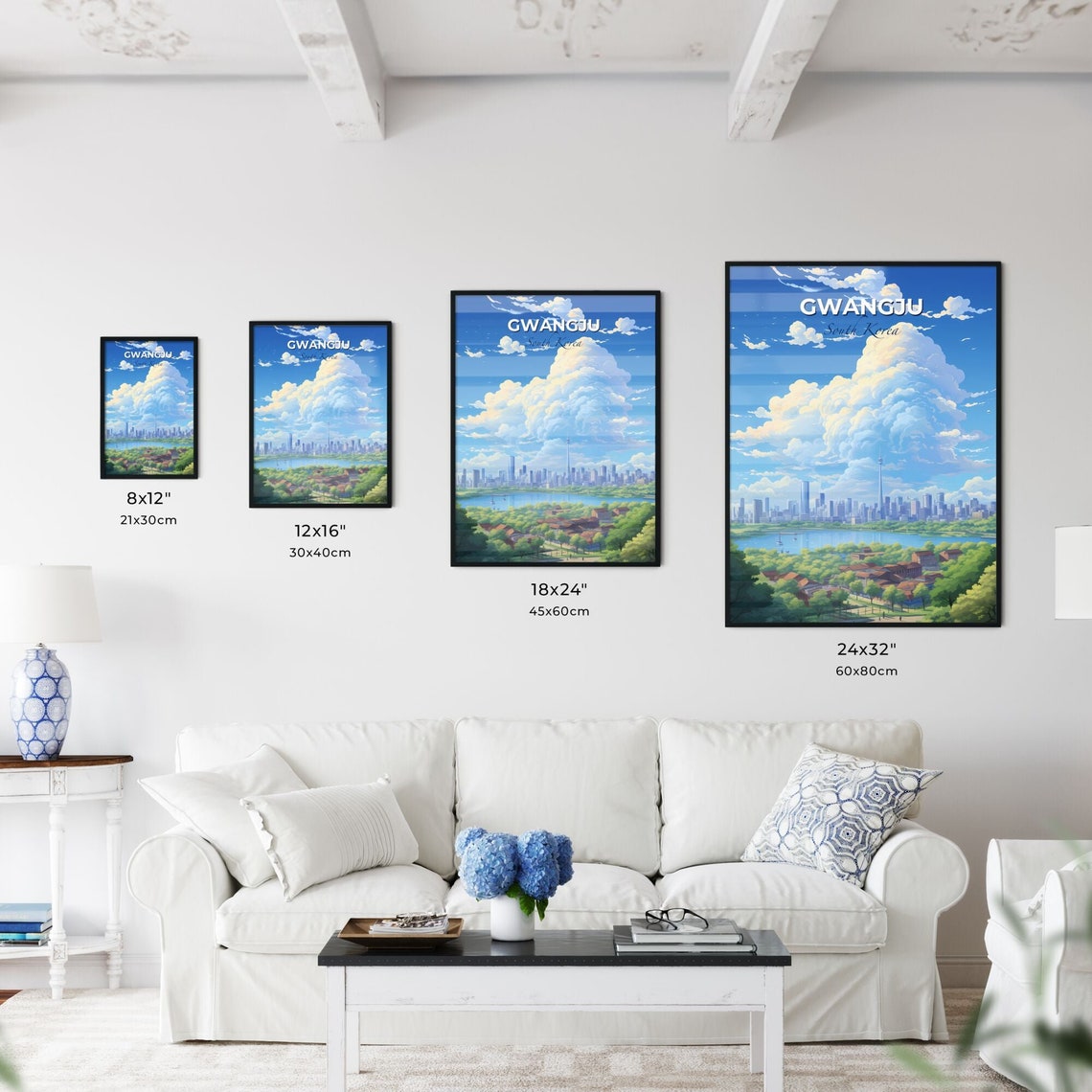 Gwangju South Korea Skyline Lake Clouds Vintage Travel Poster - Image 3