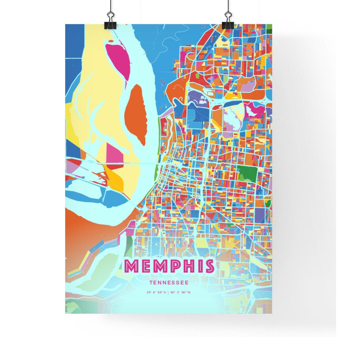 Memphis Tennessee Colorful City Map Art Poster in Pink and Turquoise - Image 3