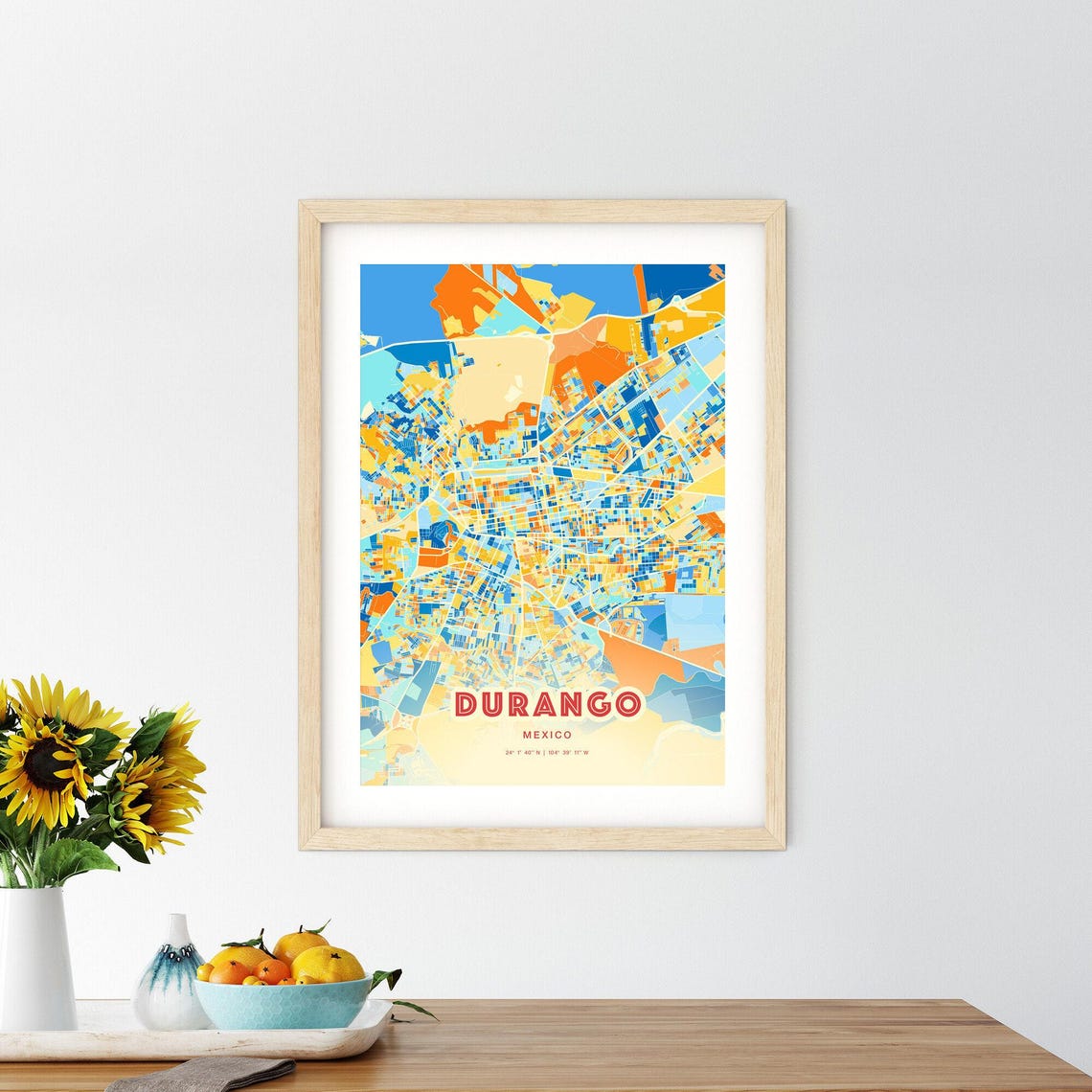 Durango Mexico Colorful Blue and Orange Retro City Street Map Wall Art - Image 2