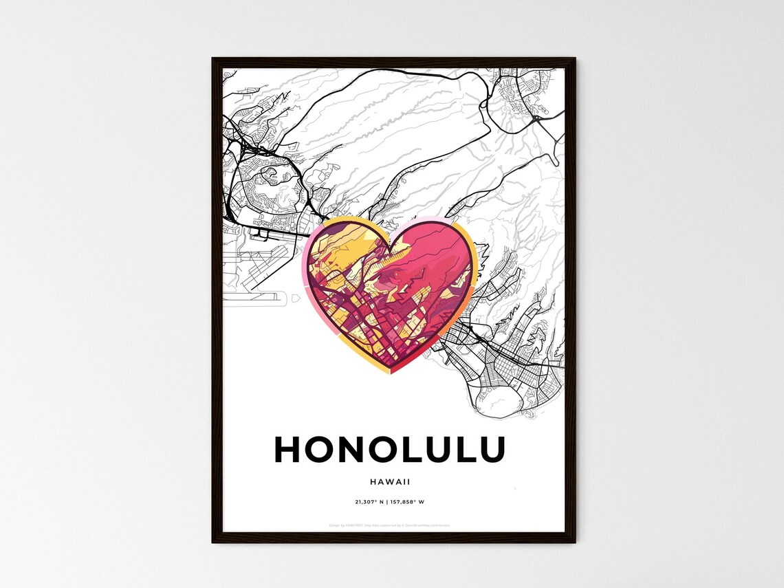 Honolulu Hawaii Minimal Map Art With Colorful Heart Icon Poster
