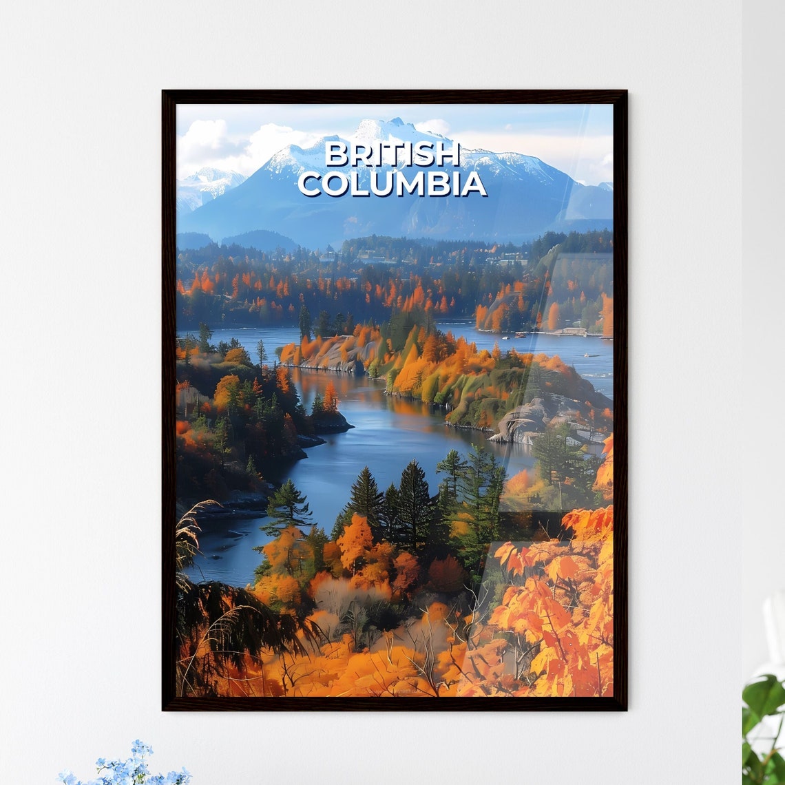 British Columbia Autumn River Snow Capped Mountain Travel Poster