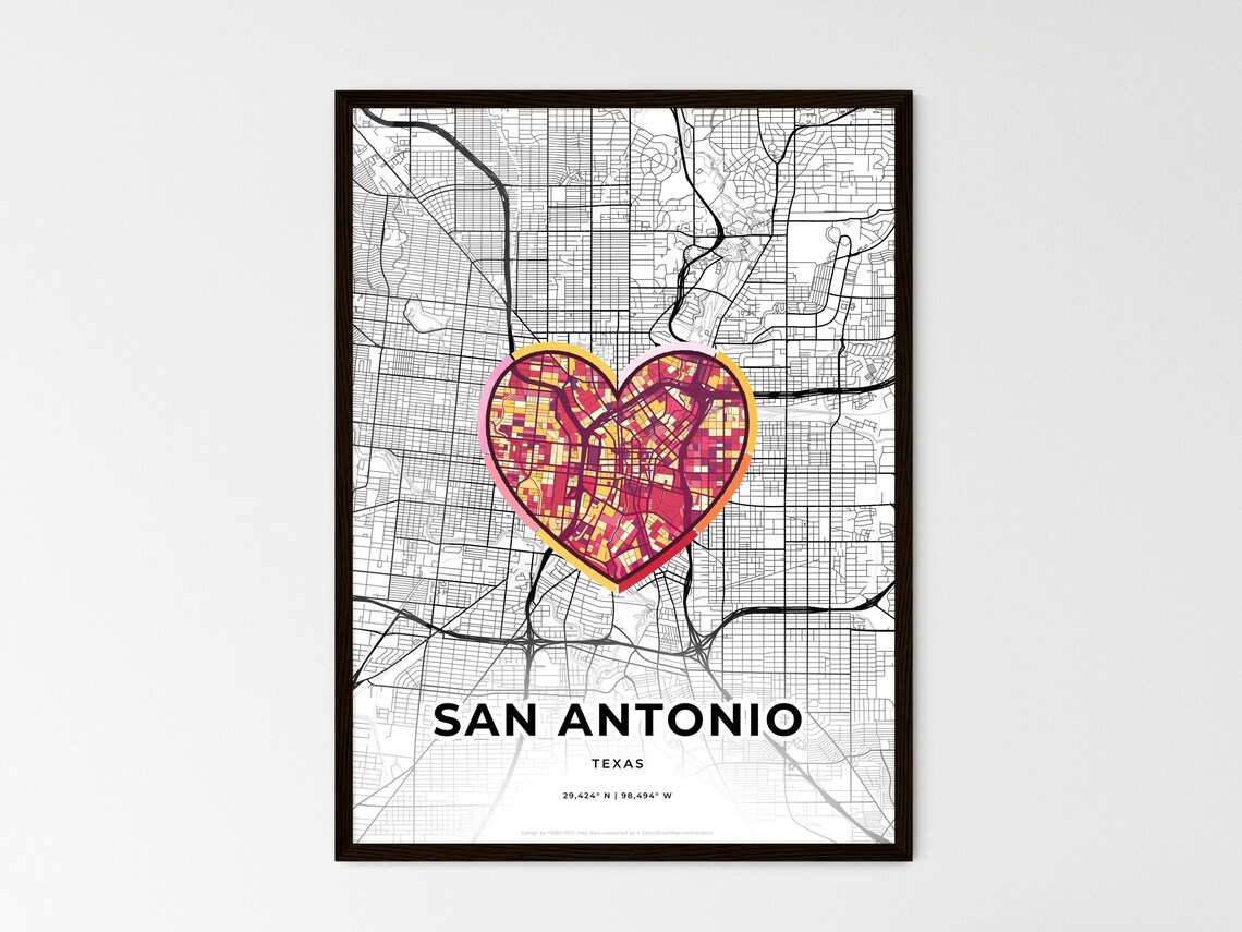 San Antonio Texas Minimal Map Art With Colorful Heart Icon Poster