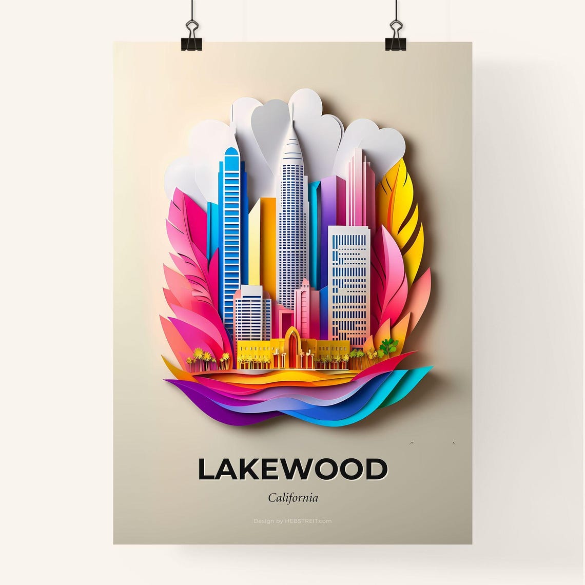 Lakewood California Modern Skyscraper Papercut City Art Poster - Image 4