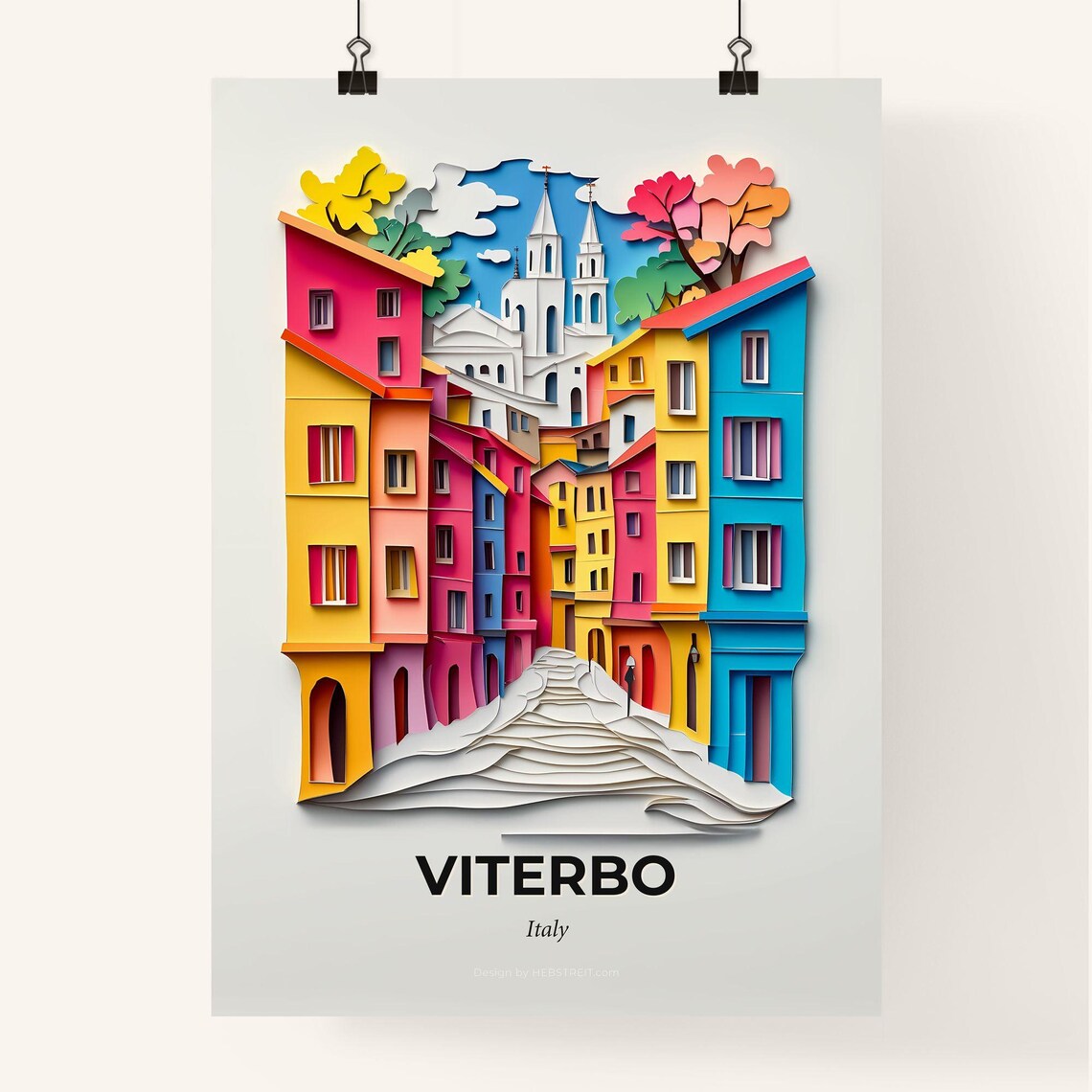 Viterbo Italy Hillside Old Town White Church Paper Cut Poster - Image 4