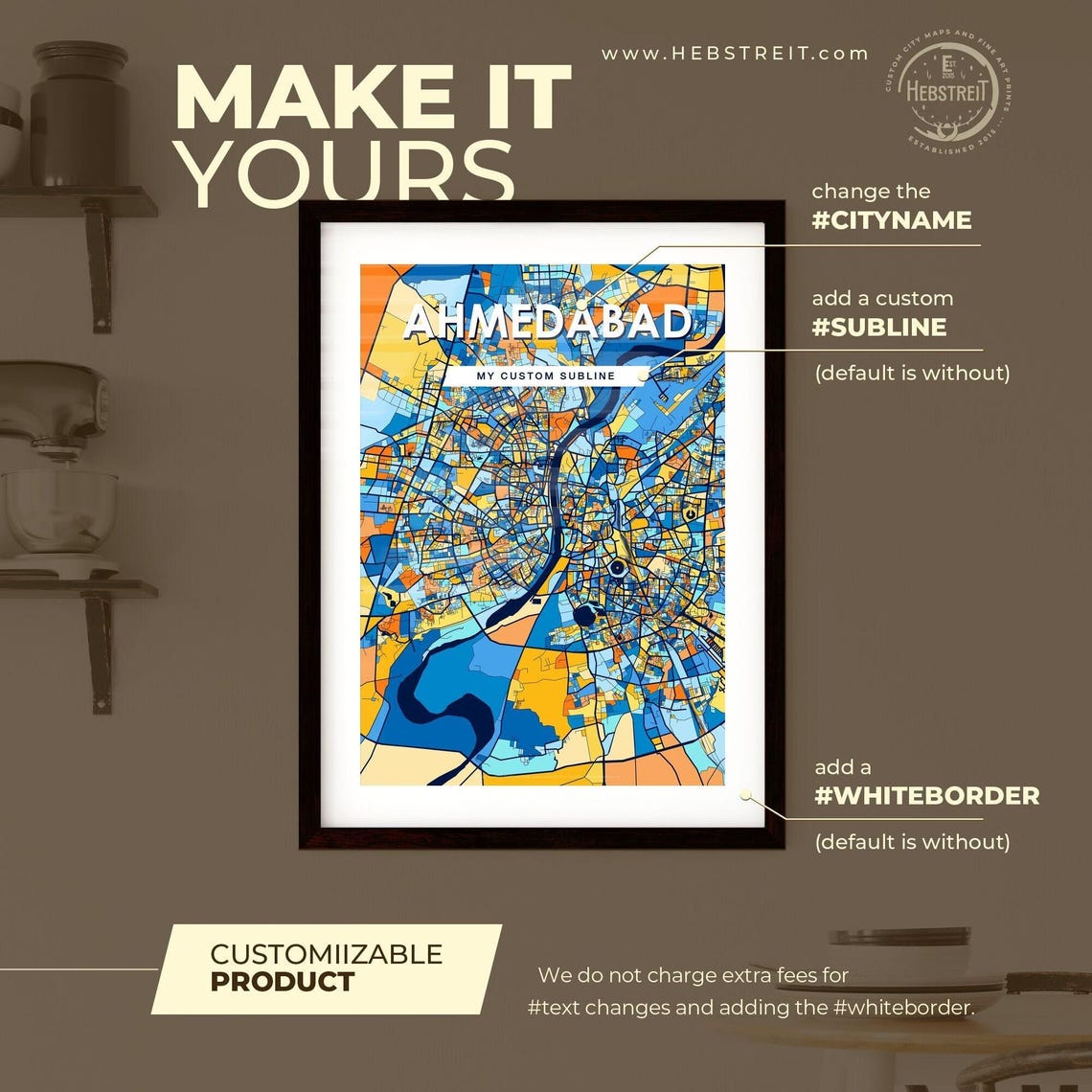 Ahmedabad India Stylish Vibrant Blue and Orange Mosaic City Map Poster - Image 2